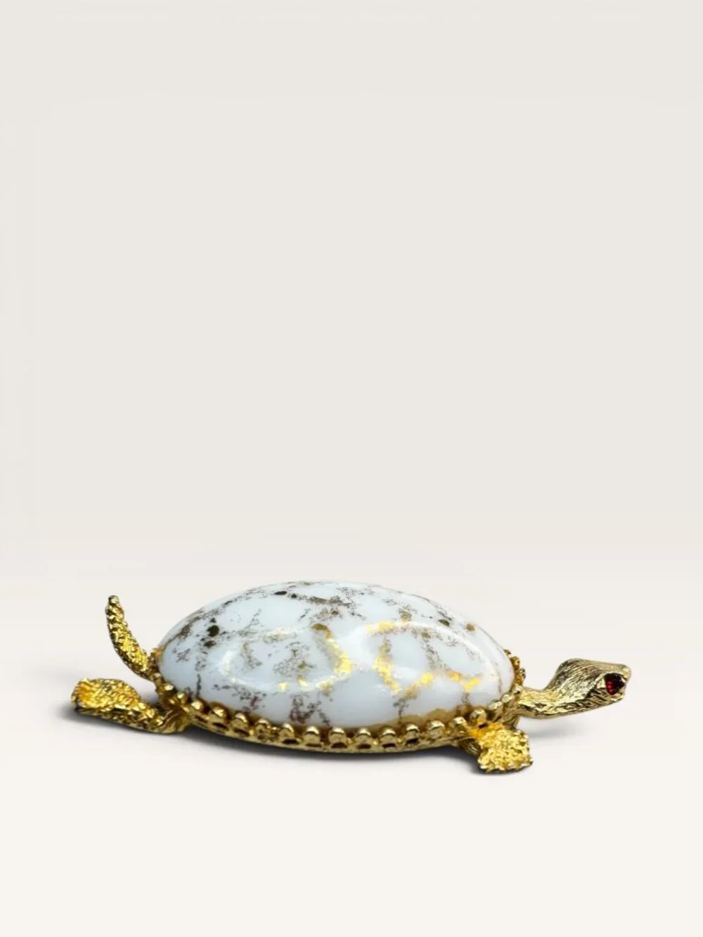 1960s White Glass Gold Leaf Turtle Brooch Gold Tone Figural Animal Vintage